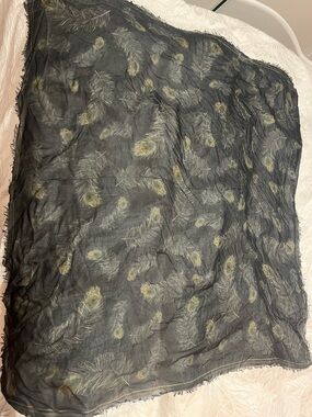 Alexander McQueen Navy Blue Sheer Scarf with Olive Feather Print